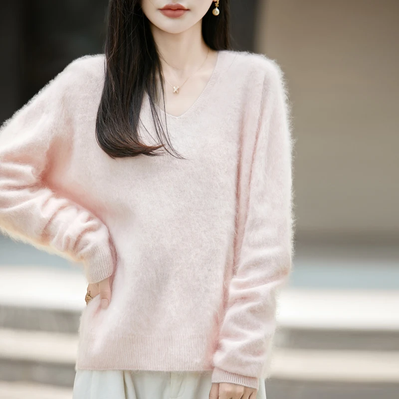 Women New Autumn Winter 100% Merino Wool Pullover Sweater Deep V Neck Long Sleeve Airy Brushed Weave Warm Luxe Layering Top