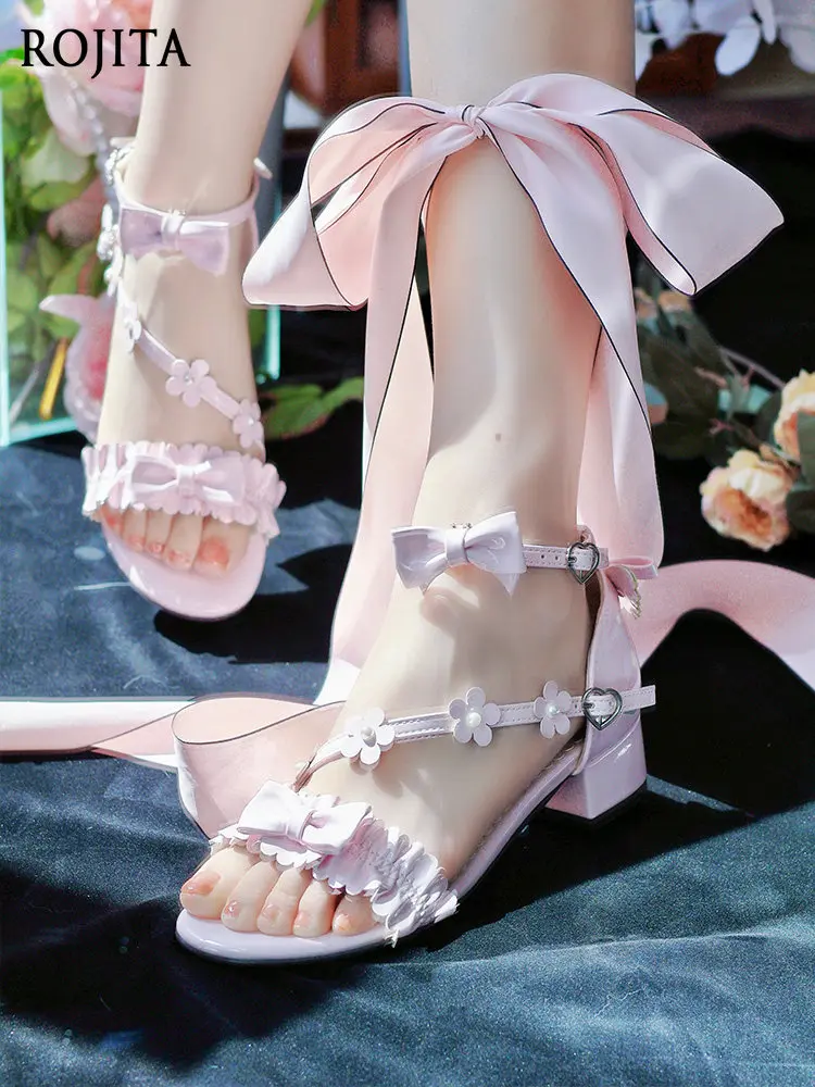

Розовые лакированные босоножки с открытым носком на толстом каблуке для женщин, лето 2026, в стиле Sweet Lolita, с цветочным декором