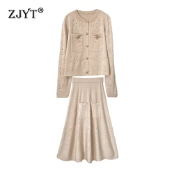 ZJYT Autumn Winter Knitted Dress Sets Two Pieces Womens Outfits Fashion Long Sleeve Cardigan Sweater and Skirt Suit Black Khaki