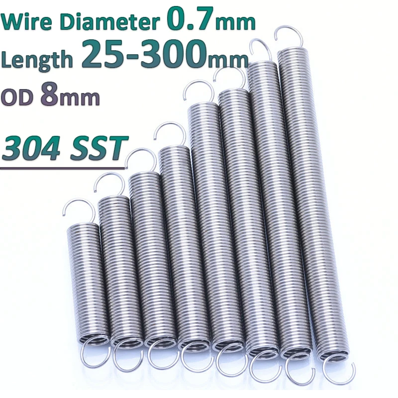 

304 Stainless Steel Open S Hook Tension Spring Helical Coil Pullback Extension Expansion Tensile Springs Wire Dia 0.7mm OD 8mm