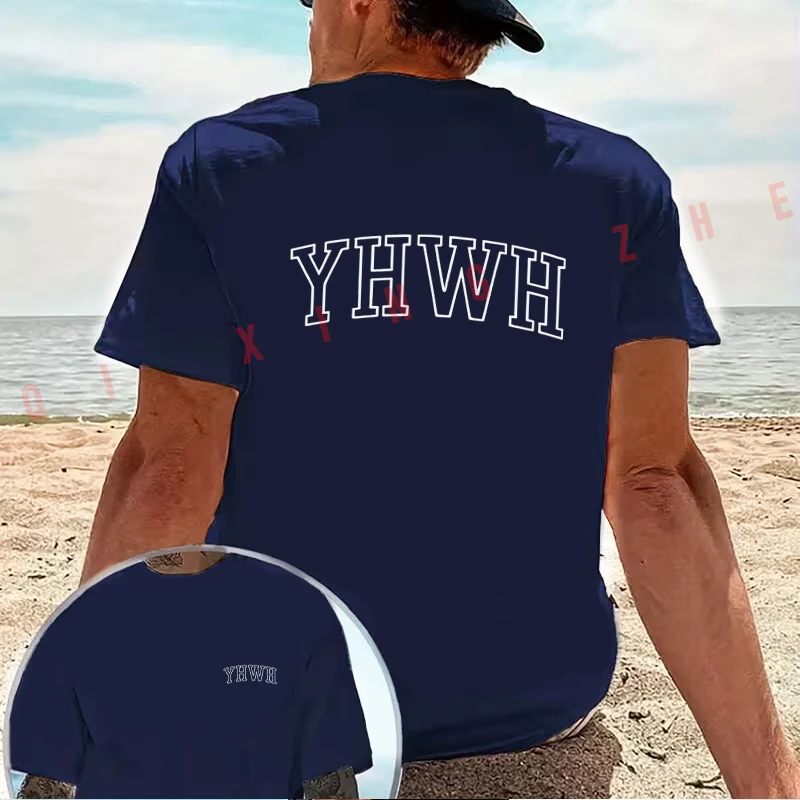 YHWH Hebrew Letter graphic motorcycle T-Shirt Cotton Double-Sided Print Men‘s Casual Short Sleeve Summer O-neck Tops