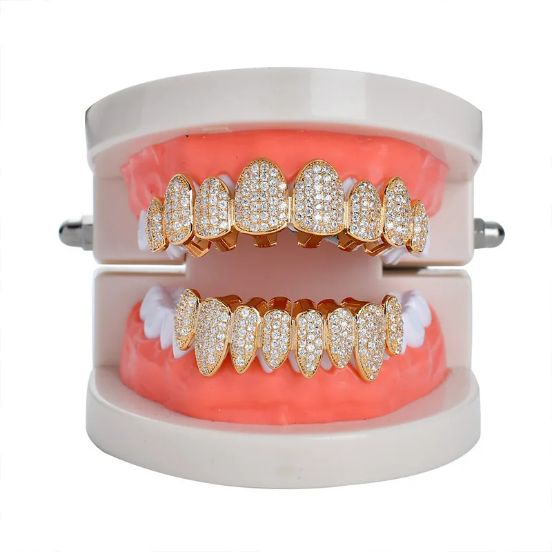 Hip Hop Full CZ Stones Heavy 8/8 Teeth Grillz Caps Cubic Zircon Iced Out Micro Pave Top&Bottom Charm Grills Men Women Jewelry