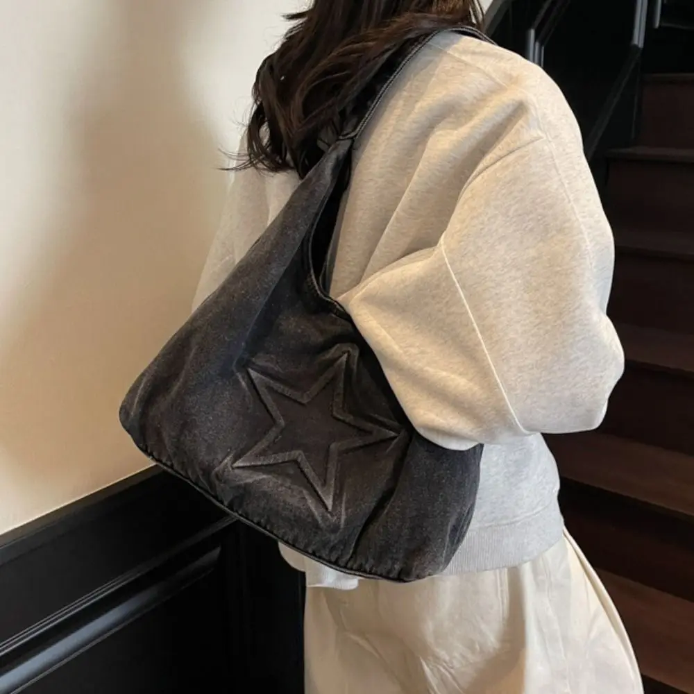 

Temperament Leisure Denim Tote Bag Large Capacity Harajuku Canvas Shoulder Bag Star Pattern Hobo Bag Women Handbag Women