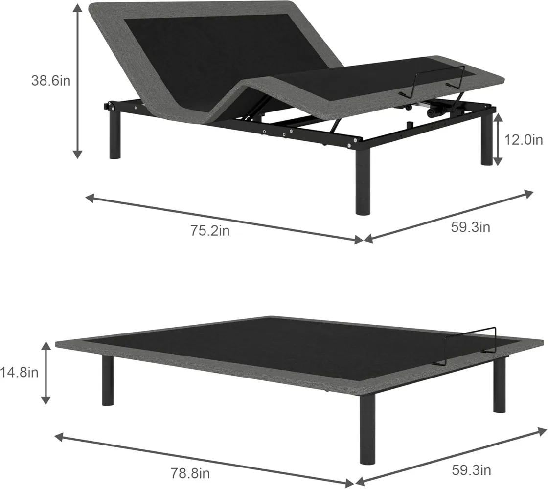 Ergonomic Queen Size Adjustable Bed Base with Adjustable Legs, Wireless Remote Control, Whisper Quiet Durable Motor