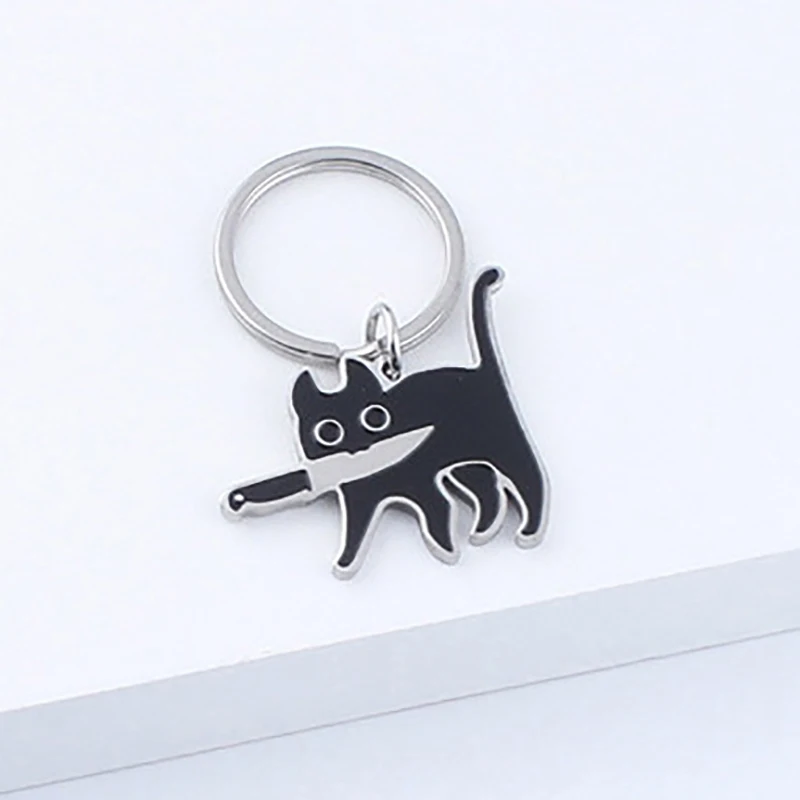 Cute Cartoon Knife Cat Keychain, Aço inoxidável Black Kitten Key Chains, Saco Pingente, Presente de jóias penduradas