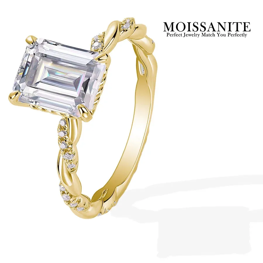 

3.15CTW Emerald Cut Moissanite Ring 925 Sterling Silver 18K Gold Plated Twisted Band Design with Side Stones for Proposal Gift