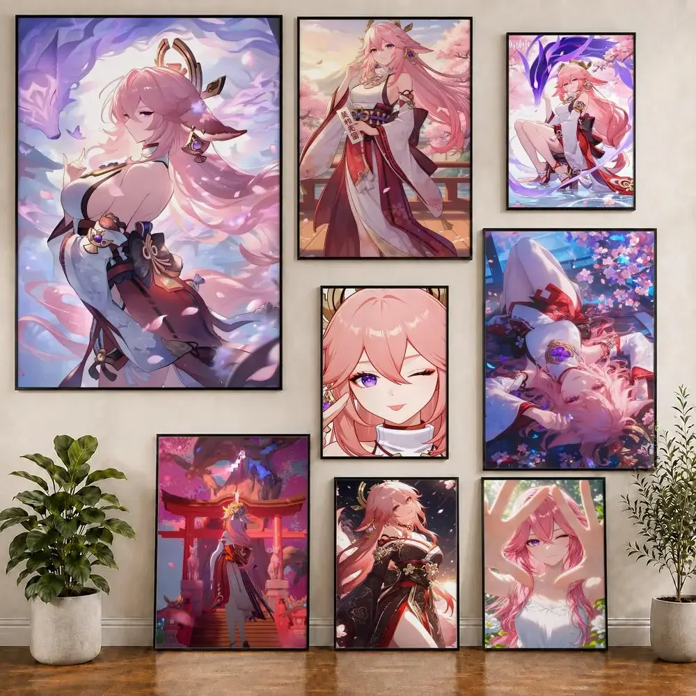Genshin Impact Yae Miko Poster Pvc HD Peel and Stick Modern poster Home Office Living Room Dining Room Wall Decor