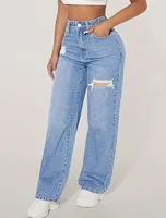 Women's High Rise Wide Leg Ripped Jeans Light Blue Denim Trousers Casual Loose Fit Long Pants 3