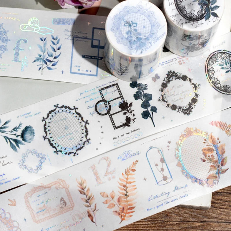 Mr.Paper Washi Tape, Holographic Silver Decorative Tape for Journal Scrapbook, Vintage Border Sticker Roll for DIY Photo Frame