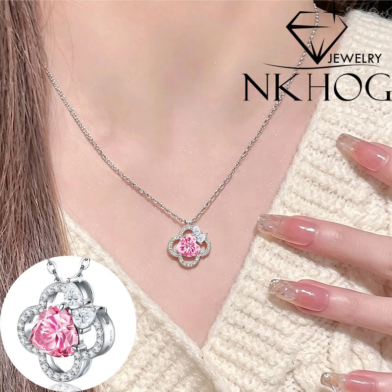 NKHOG 2CT Pink Moissanite Necklace For Women Heart Butterfly Four Leaf Clover Pendant S925 Sterling Silver Choker Sparkling GRA