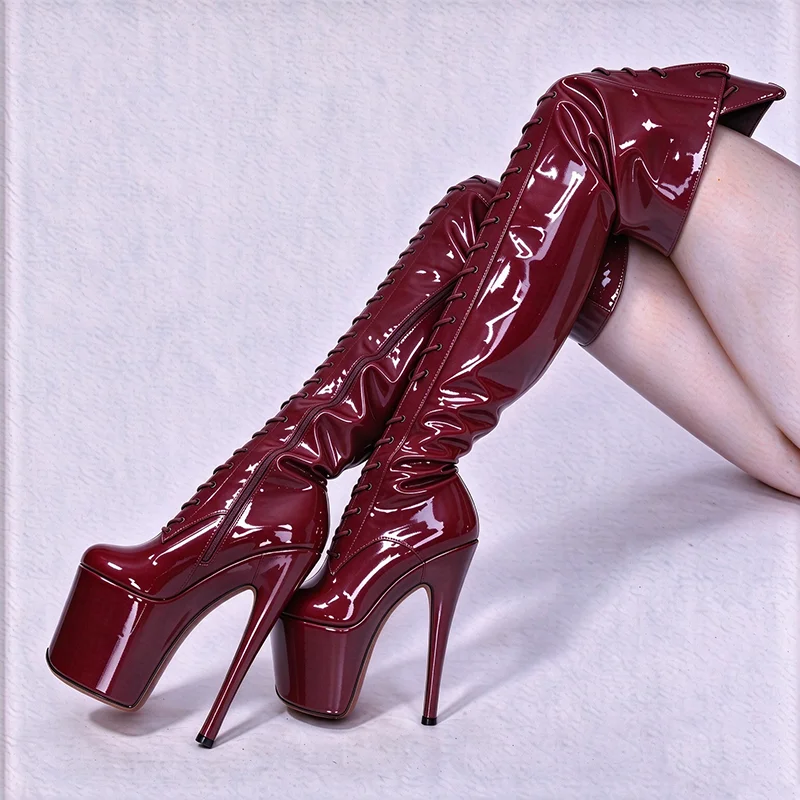 Glossy Blue Patent Leather Thigh High Boots Front Lace Up 20cm Ultra High Stiletto Platform Pole Dance Over The Knee Heeled Boot