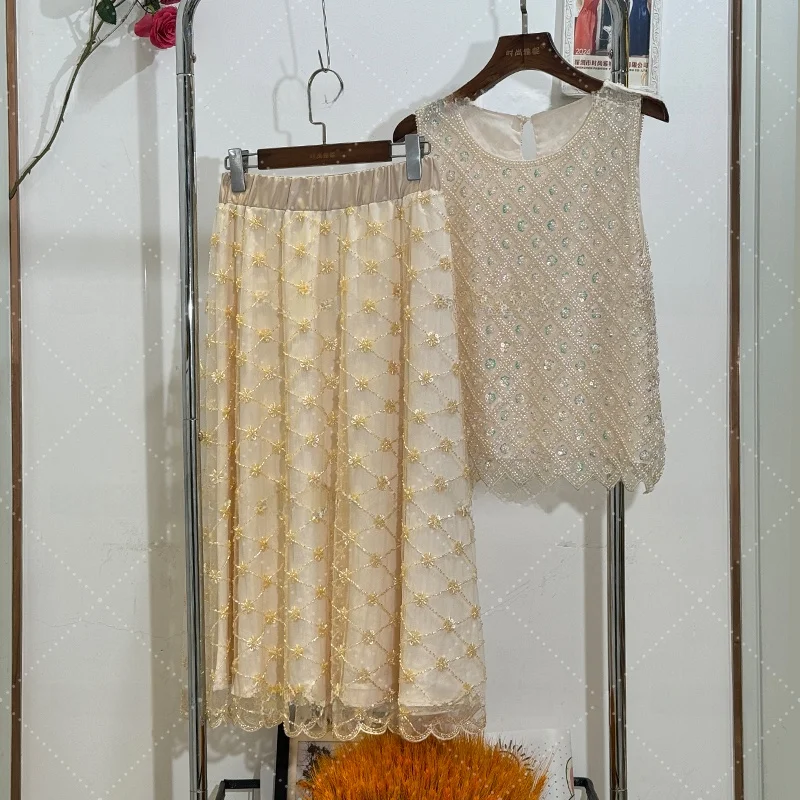 

Модный новый топ Yan New Sle Svel с пайетками и жемчужными украшениями, юбка средней длины из плотной ткани для женщин