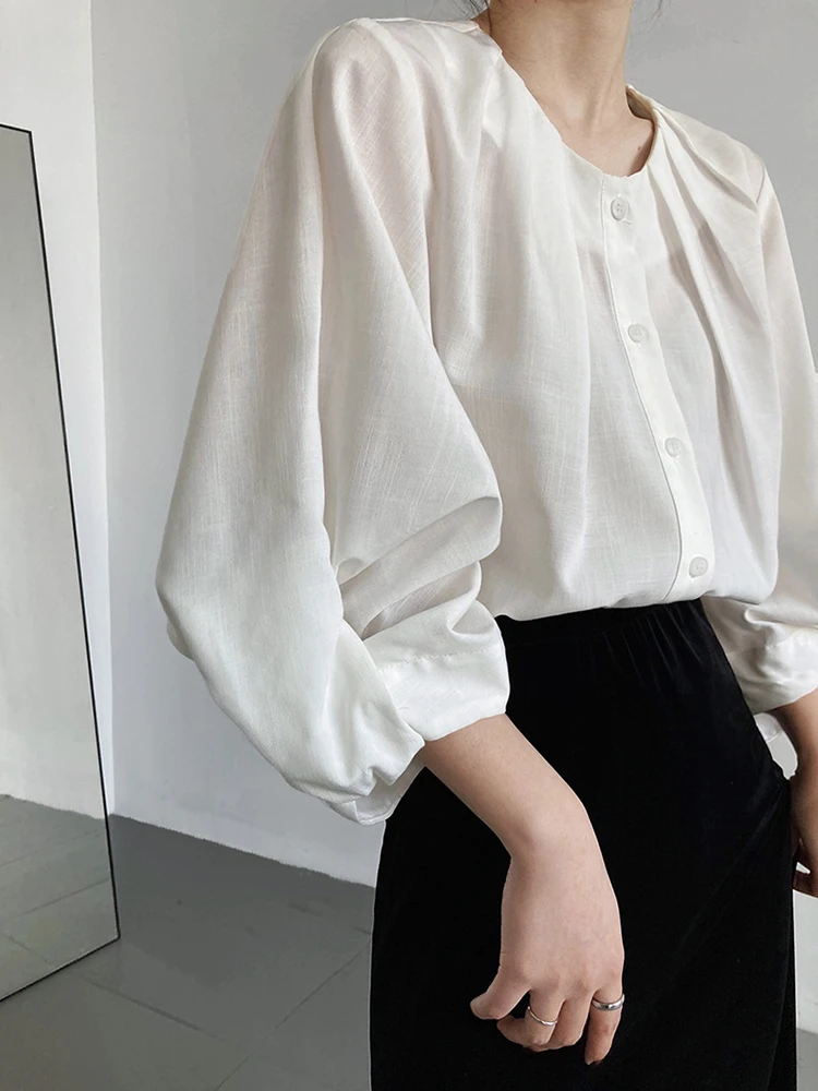 [LANMREM] Lantern Sleeve Round Neck Shirt Women\'s Single Breasted Office Lady Loose Blouse Fashion 2024 Autumn New 26D9876