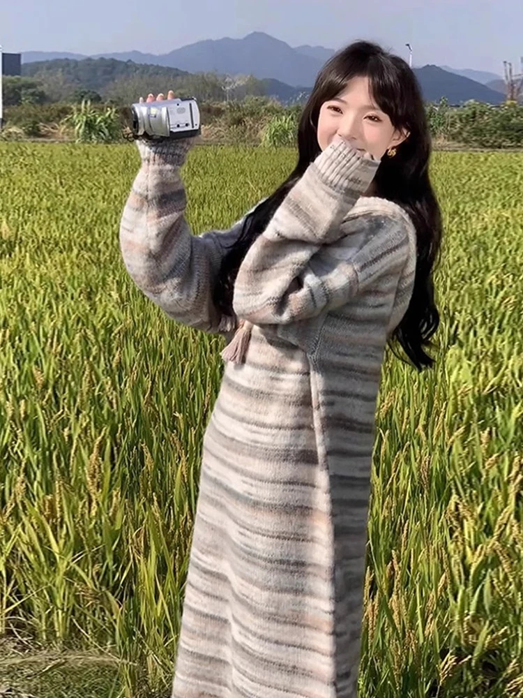 Abiti a maniche lunghe con cappuccio Donna Stile coreano lavorato a maglia tenero a righe Moda Temperamento pigro Vacanza College Casual Quotidiano Morbido