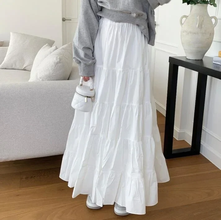 Spring Summer Women Chiffon Skirts Vintage High Waist Elastic Patchwork White Black Chic Long Cake A-line Skirt for Student