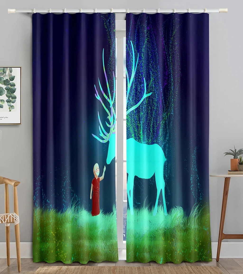 Green Forest Elk High Blackout Curtains Fairyland World Pink Starry Sky Curtains Bedroom Hotel Universal New Fashion Pattern