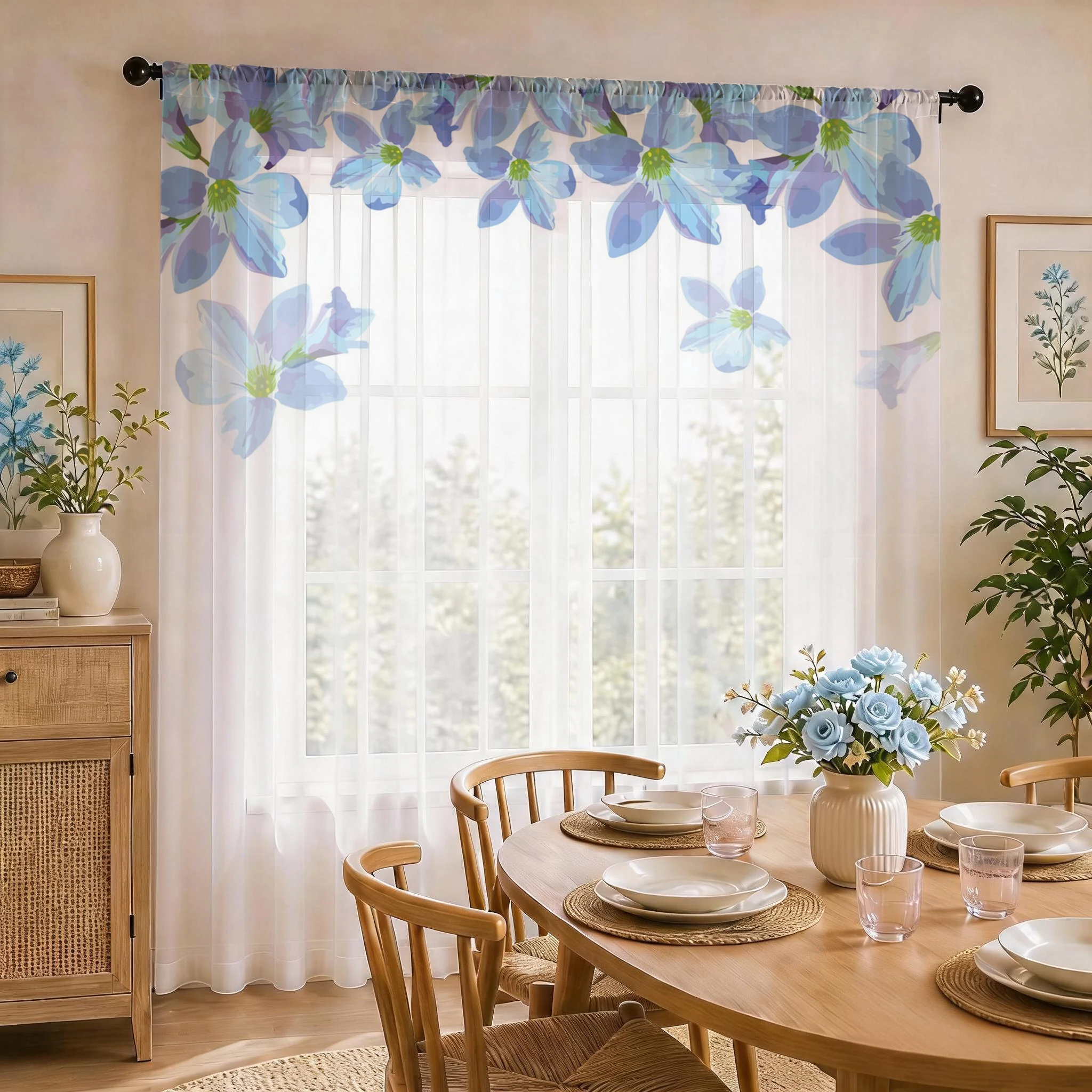 Blue Floral Gradient Sheer Curtain, Good Quality Light Reducing Luxurious Privacy Voile for Living/Bedroom/Kids Room, Gift - view 2