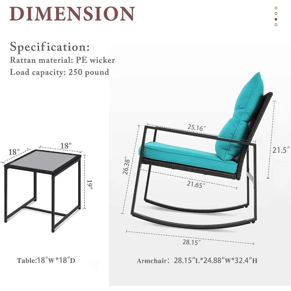 3 Pieces Outdoor Rocking Chair Set Patio Wicker Rattan Bistro Set Conversation Furniture with Cushions and Glass Coffee Table(L