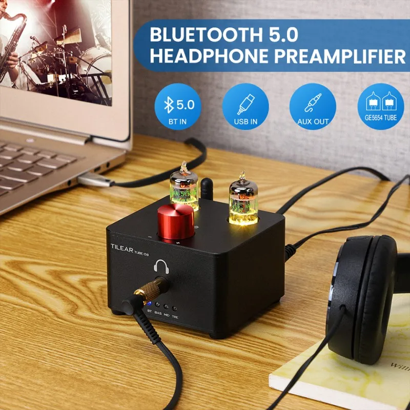 Tube-08 GE5654 Tube TPA6120 Decoder Headphone Amplifier ES9023 Bluetooth QCC3034 USB DAC AUX With Treble Bass Mid Adjust