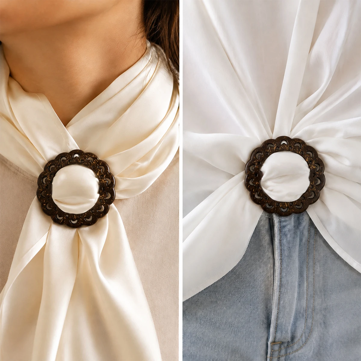 2PCS Coconut Shell Buckles, Scalloped Openwork Round Scarf Fasteners for Dresses, Shirts, Shawls and DIY Sewing