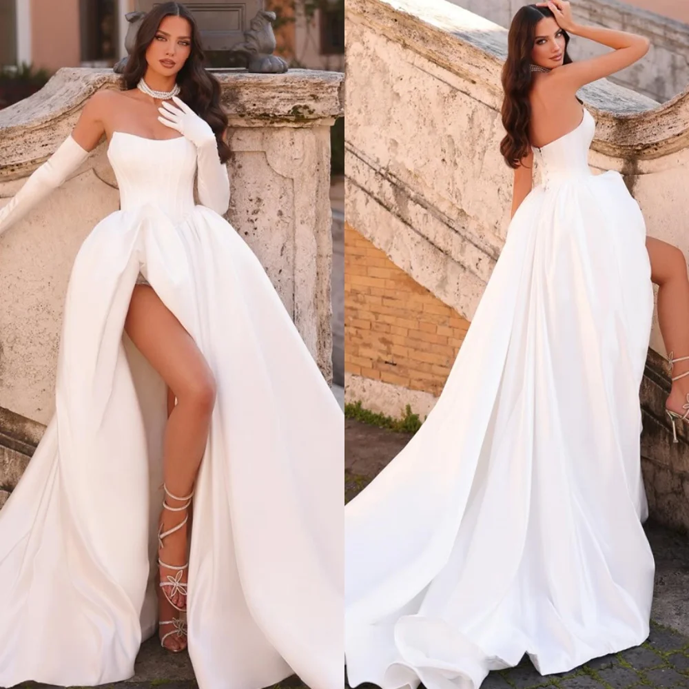 

Customized Charming Wedding Dresses Dreamy Strapless Detachable Sleeve Heavy Industry Wedding Dresses Lace Up Back Bride Gowns