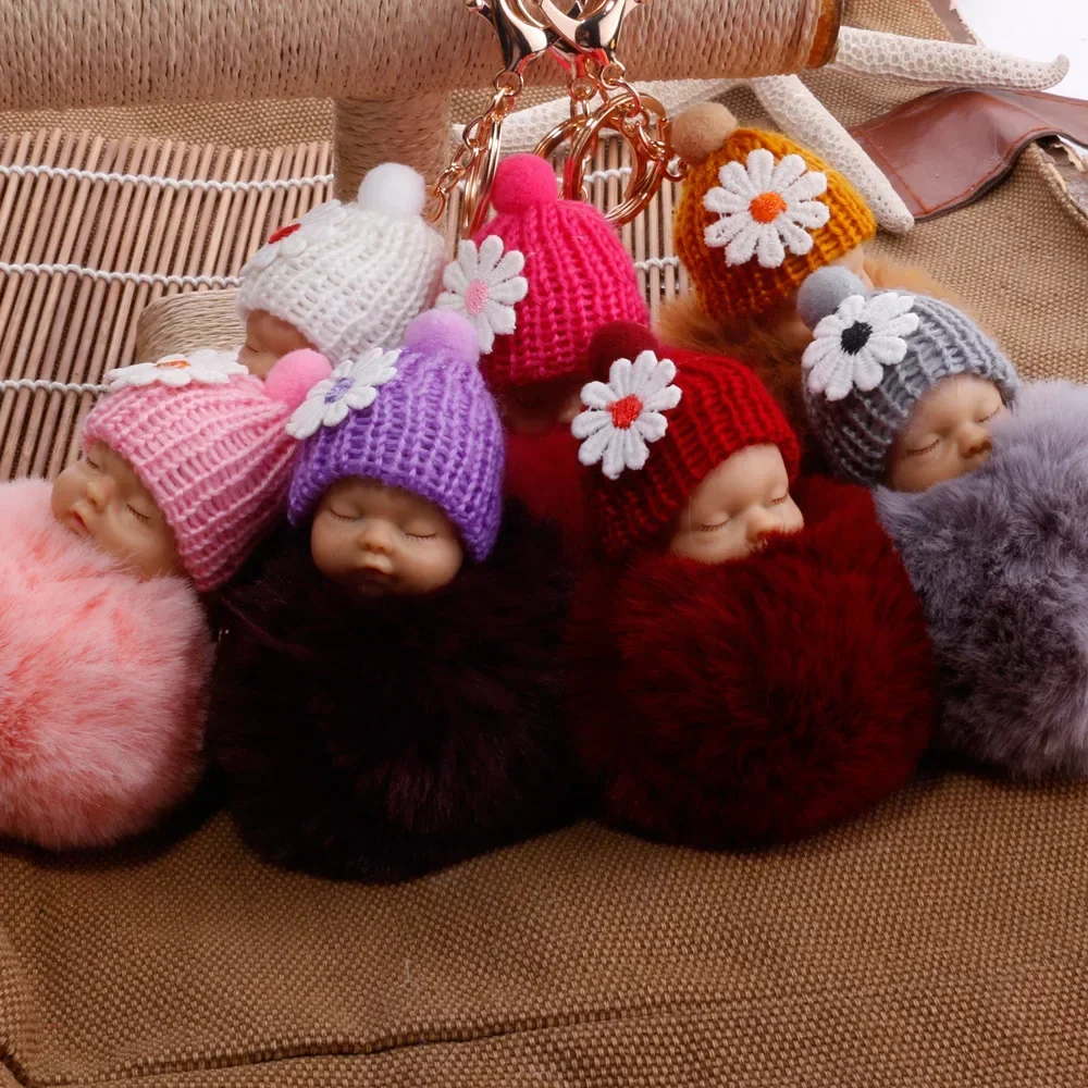 Cute Sleeping Baby Doll KeyChains for Women Bag Toy Key Ring Fluffy Pom Faux Fur Plush Keychain