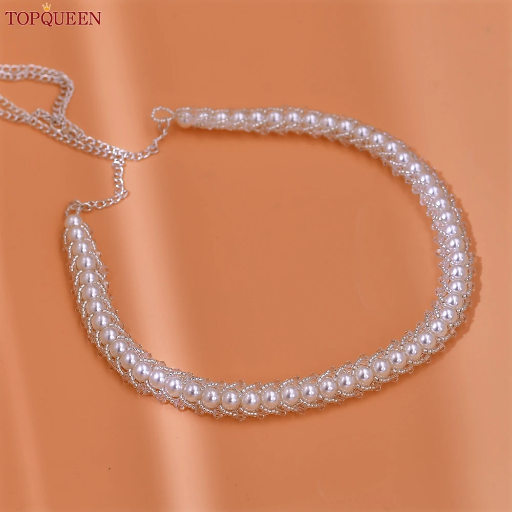 TOPQUEEN-Cinturón de boda de perlas hecho a mano para mujer, cadena de Metal ajustable, Cinturón fino nupcial, S141