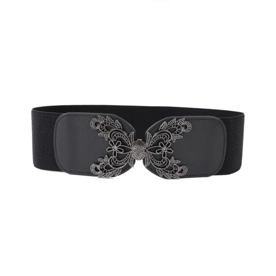 Korean-Style Black Patterned Double-Buckle Decorative Wide Waist Belt for Women Retro Stretchable and Versatile Waist Cincher