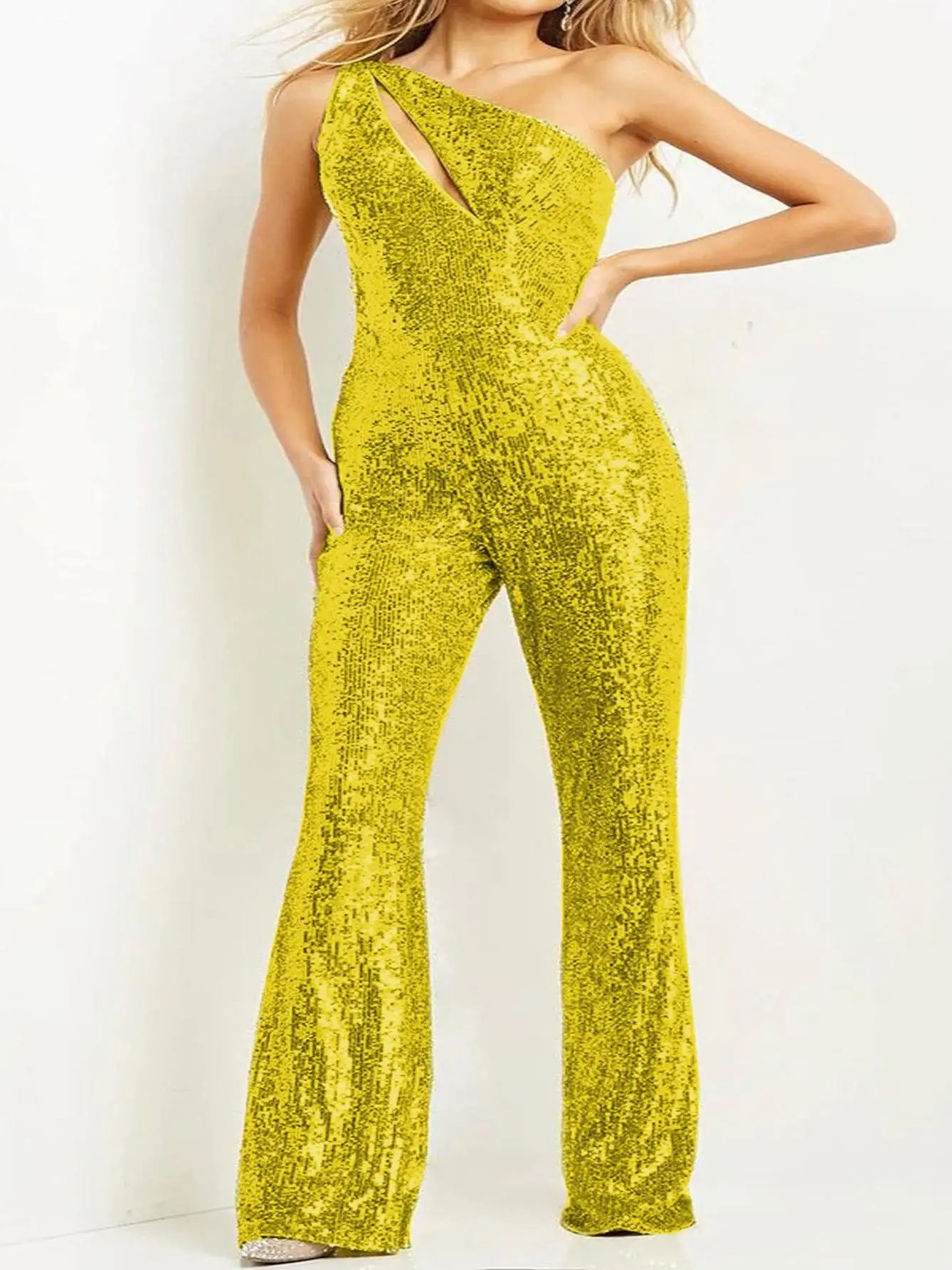 

Sexy Asymmetrical oulder Casual Par Jumpsuit Slimming Straight Leg Long Pants Polyester Fiber mid Waist Women's Suit