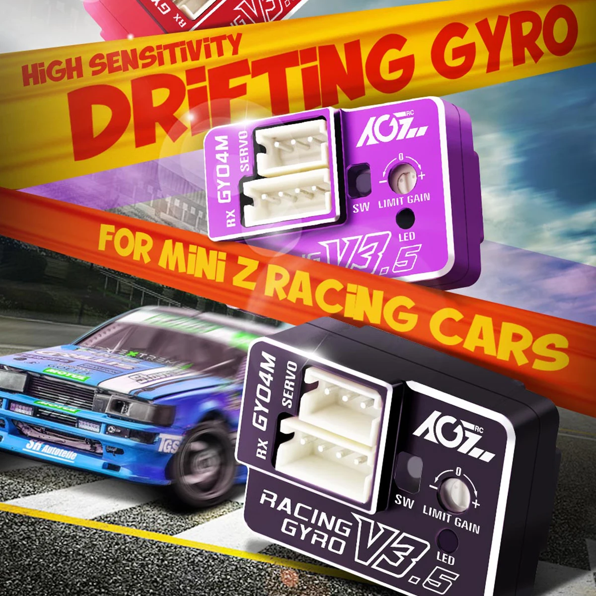 AGFRC GY04M V3.5(Purple) Aluminum Case High Stability Mini Dual Gain Steering Tuned Gyro For Mini-Z Car Drift F1 Touring Offroad