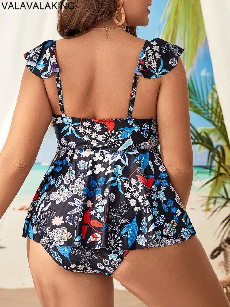 Valavêt 2025 Print 2-częściowy zestaw tankini Plus Size Kobiety Vergr Strapped Duży duży strój kąpielowy Plaża Chubby Curvy Strój kąpielowy