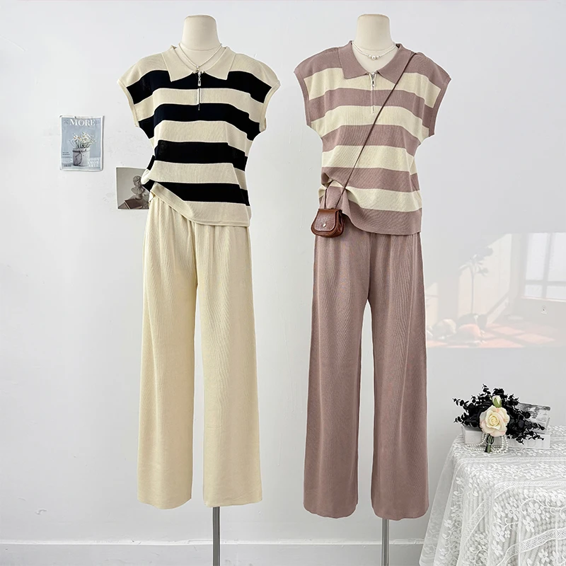 

Casual Women Knitted Sets Vintage Contrast Color Turn Down Collar Striped T-Shirt+Elastic Waist Straight Pants 2025 Summer Suits