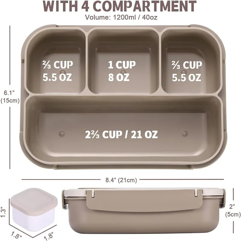 Containers for Adults Men Women with 4 Compartments, Lunchable Food Container with Utensils ,Muffin Liners, 40 Oz/5 Cu0p, Brown