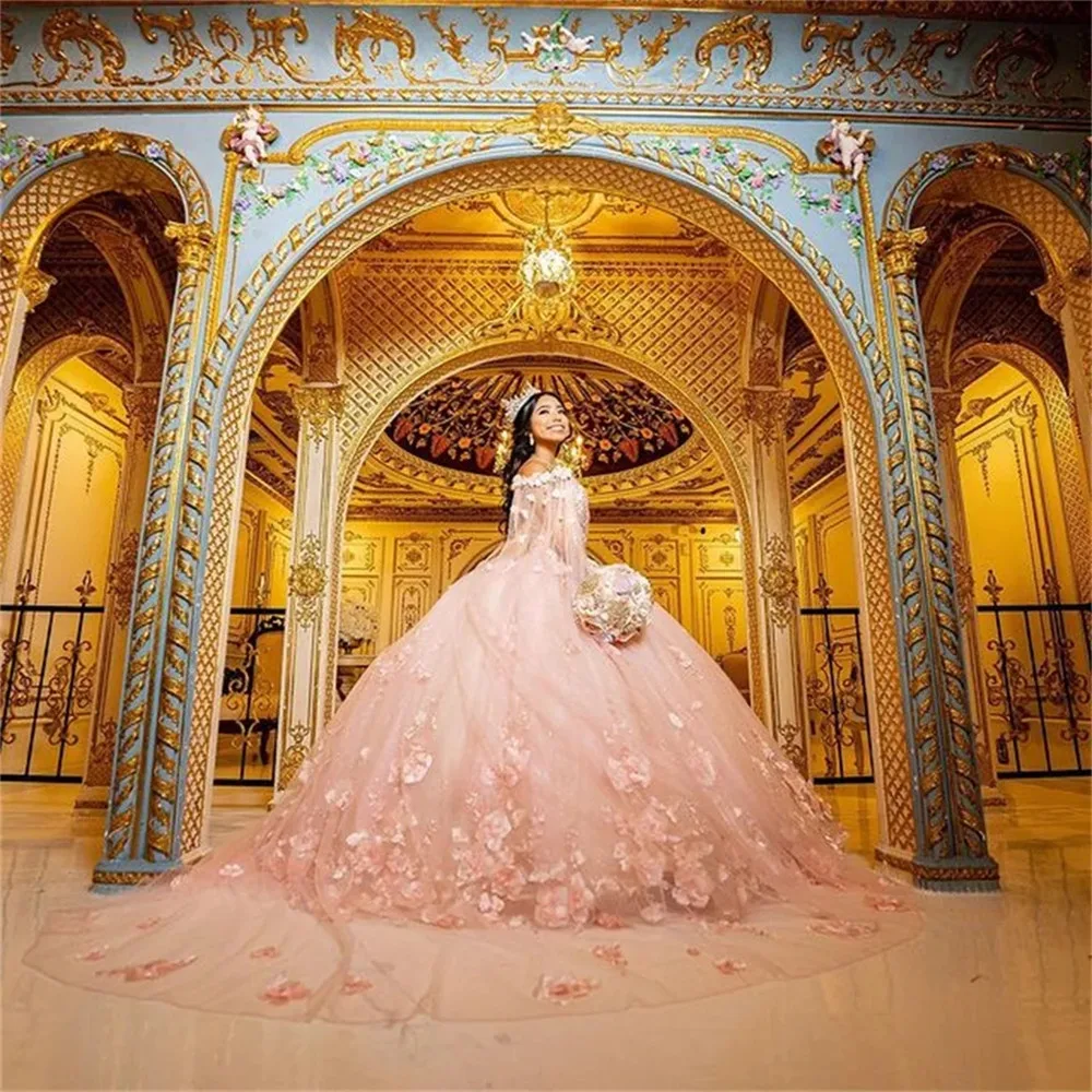 ANGELSBRIDEP فساتين Quinceanera الوردية ثلاثية الأبعاد الزهور الدانتيل الحبيب الحلو 15 فتاة فستان الأميرة Vestidos De Quinceañera مشد