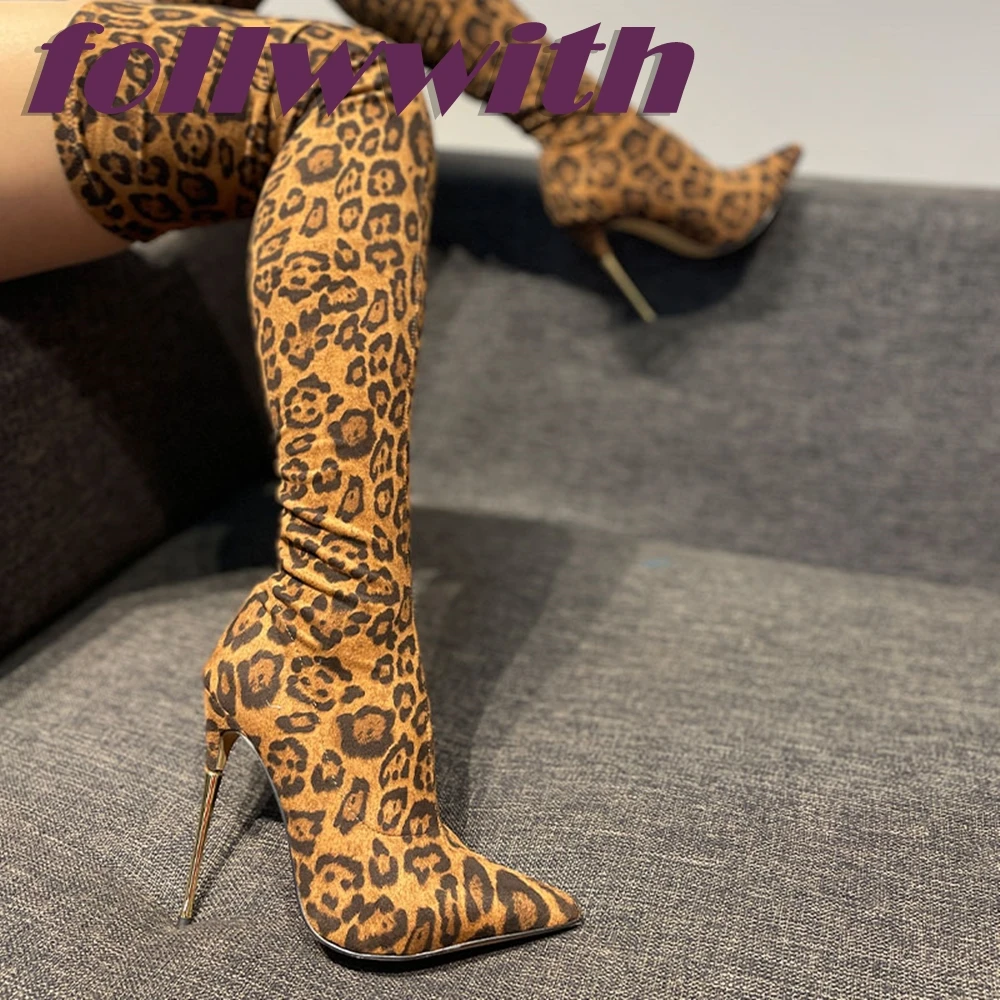 Leopard Print Over the Knee Boots Women Stiletto 2024 Autumn Suede Slip On 2024 Catwalk Daily Ankle Ladies Fashion Shoes