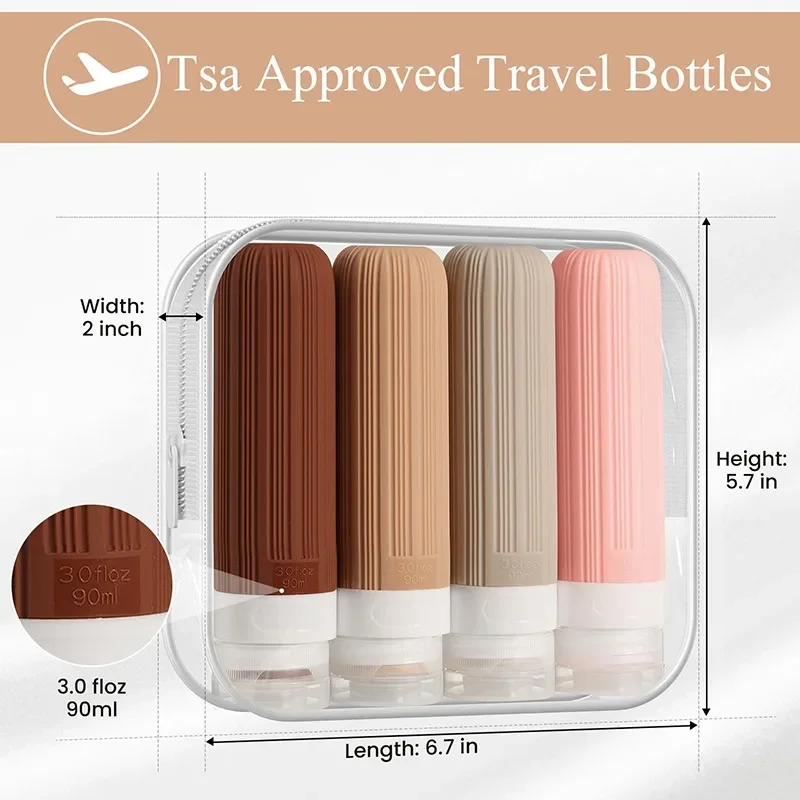 Silicone Dispense Bottle Shampoo Lotion Portable Travel Bottle Set Leak Proof Squeezable Container with Transparent Cosmetic Bag