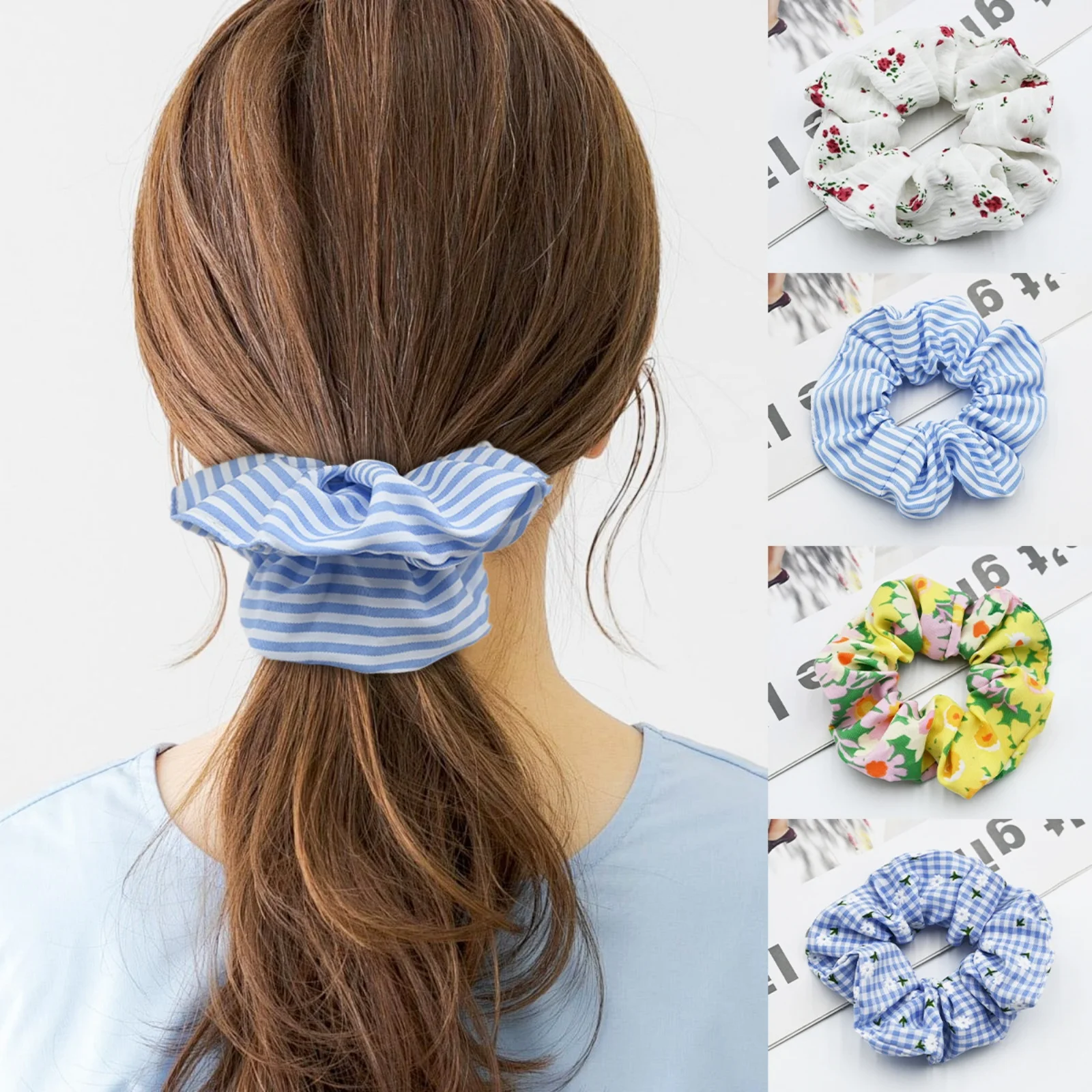 

1PC Blue Series Hair Scrunchies Collection - 4 Styles (Floral/Striped/Checkered), Trendy Hair Accessories
