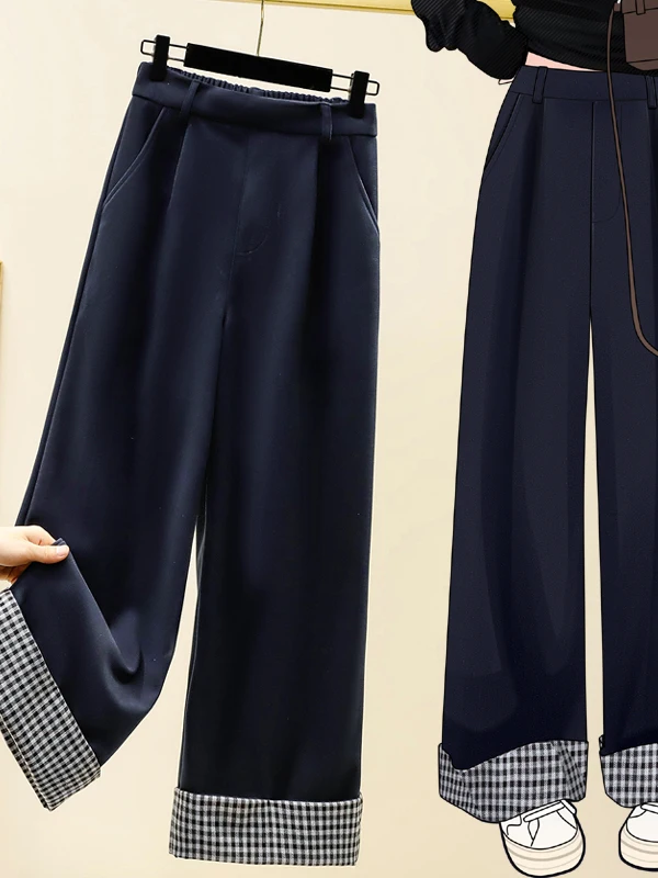 plus Size Women's Autumn Winter New Style Woolen Straight Leg Pants Elastic Waist Slimming plus Size Casual Trousers
