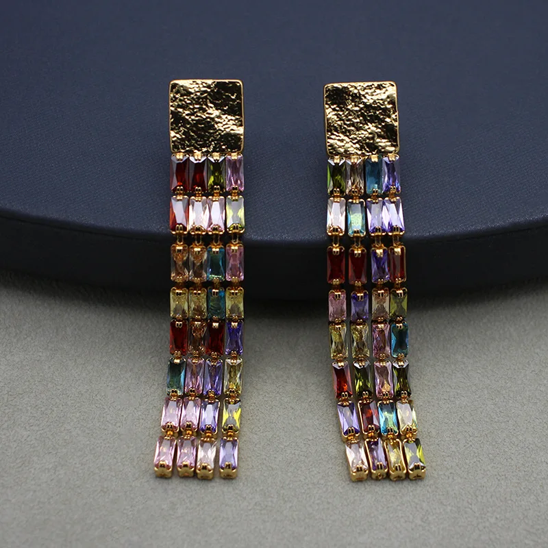 Heavy Craft Rectangular Tassel Earrings 24k Real Gold Colorful Zircon Luxury Earrings Jewelry Accessory Birthday Gifts for Women