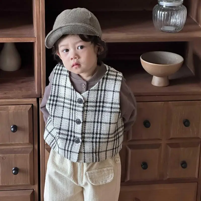 

2025 Autumn New Baby Sleeveless Plaid Vest Cotton Boys Vest Jacket Baby Girls Casual Coat Kids Vest Cardigan Toddler Clothes