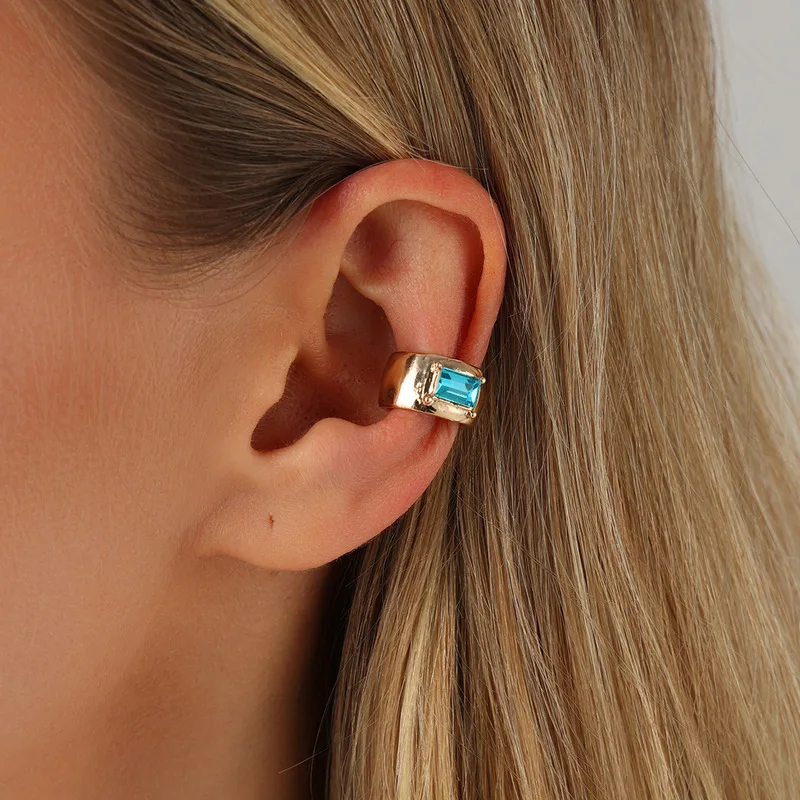 Colorful Crystal Gold Ear Cuffs, Rectangular Gemstone Clip Earrings, Chic No Piercing Jewelry for Women