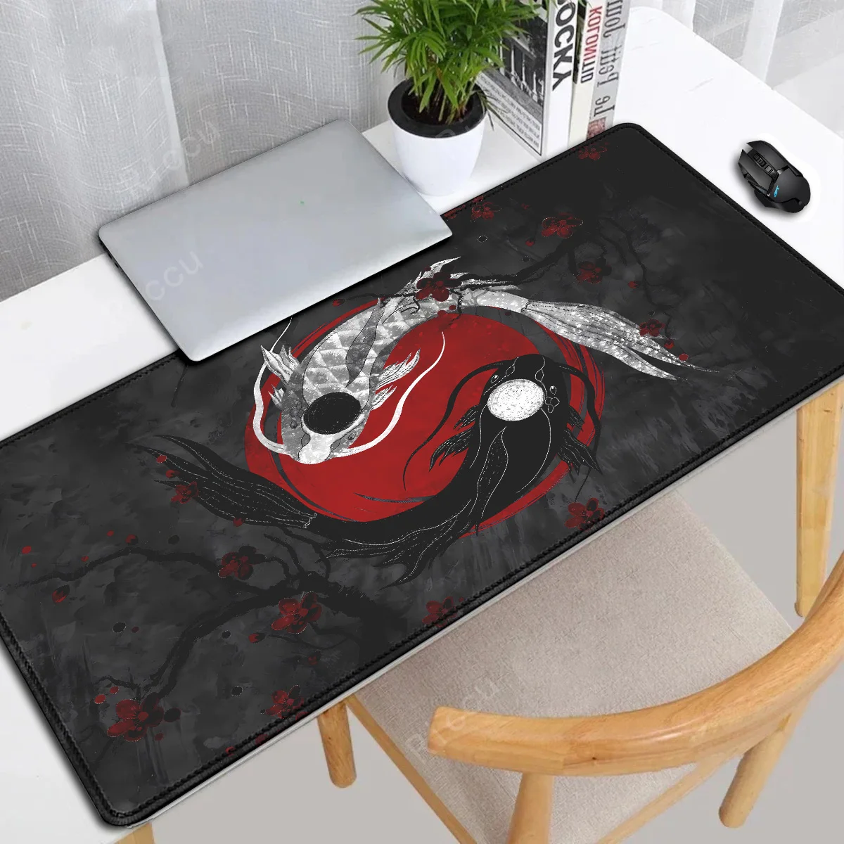 

Japanese Desk Mat Black & White teclado mouse pad Koi Fish Japan Art Seal Yin-yang fish Large XXL Gaming Deskmat Rubber mousepad