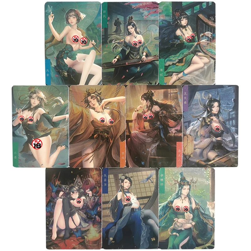 En Stock, 10 unidades/juego de tarjetas sexis de Chica de Anime, Romance de los Tres Reinos, Daqiao Wang Yuanji Zhoufei Diaochan, tarjetas de juego de colección