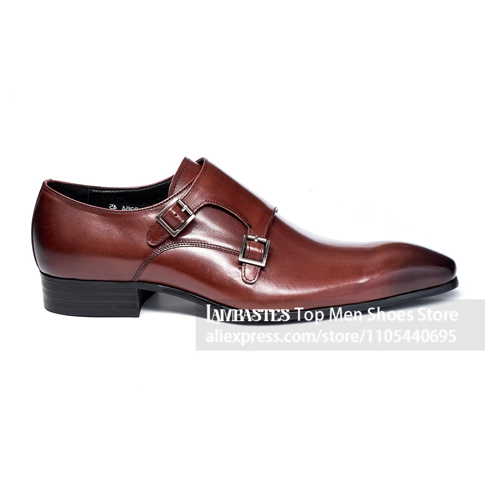 Toe Cap Burnished Patina Dress Shoes Double Monk Strap Business Leather Shoes Patina Monk Strap Classic Business Formal Oxfords