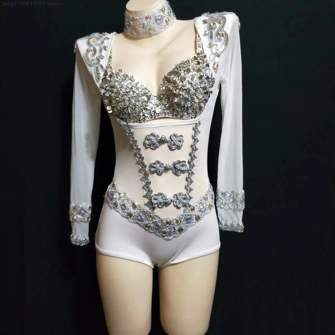 Women Sexy White Bodysuit With Belt Long Tail Cloak 2Pcs Set Festival Club Dance Celebration Party Cosplay Performance Outfit