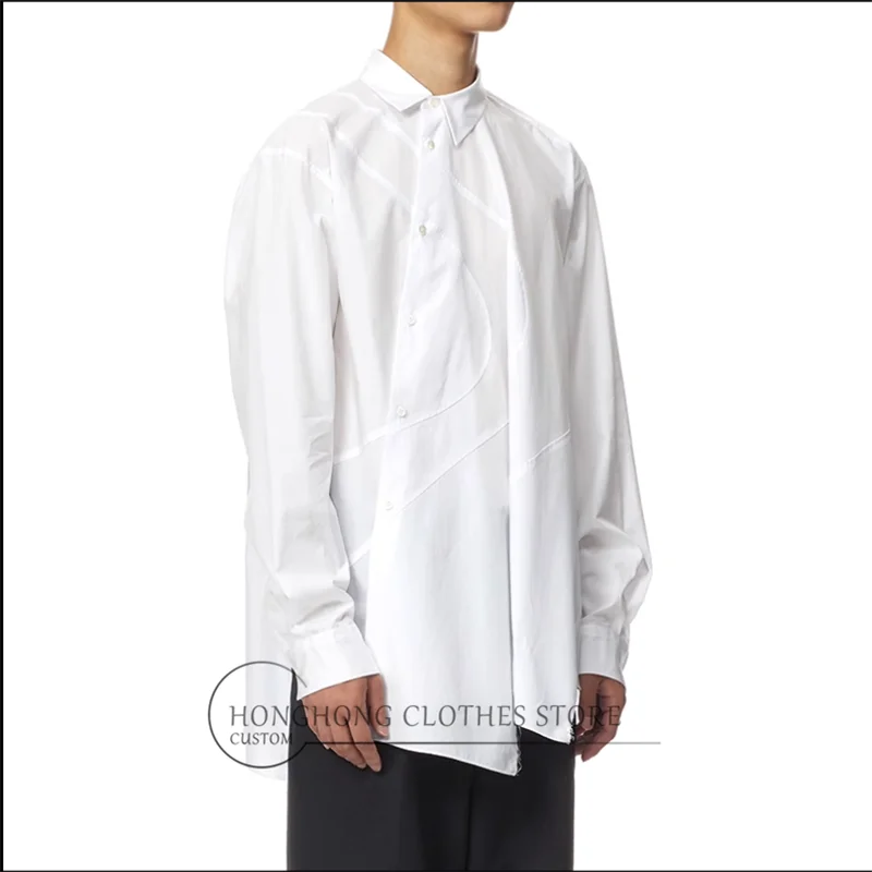 Original design Asymmetrical deconstruction dark irregular vertical cut wool edge pure cotton loose simple design shirt