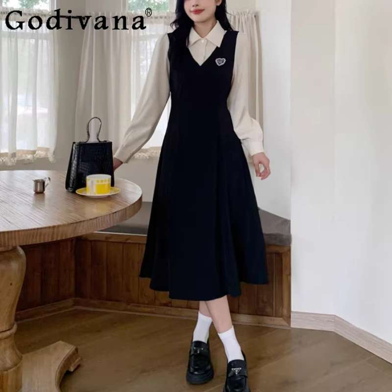 

Large Size Women College Turn-down Collar Long Sleeve Fake Two-piece Dress Spring High Waist A-line Age-reducing French Dresses