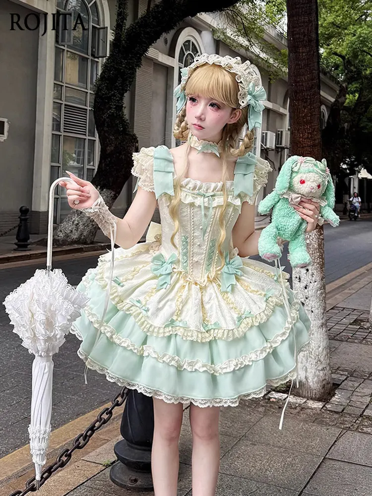 

Japanese Soft Girl Mint Green Lolita JSK Annual Tiered Skirt Lace Trim Cute Outfit Women's High-end Ballet Style Princess Dress