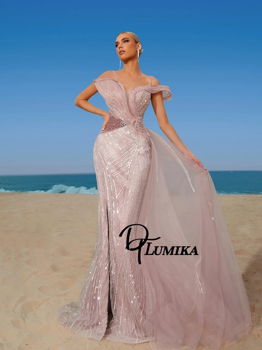 

Pink Beading Mermaid Prom Dress With Side Tail Customized Ruched Sparkling Crystals Evening Gown Formal Galas Party Wear