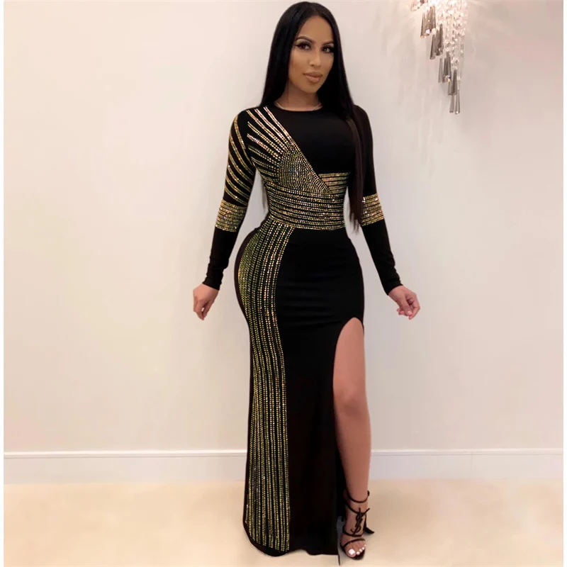 Doyerl Sparkly Diamonds Bodycon Maxikleid Damen Abend Langarm O-Ausschnitt Side Split Nacht Party Club Geburtstag Abschlussballkleid Robe
